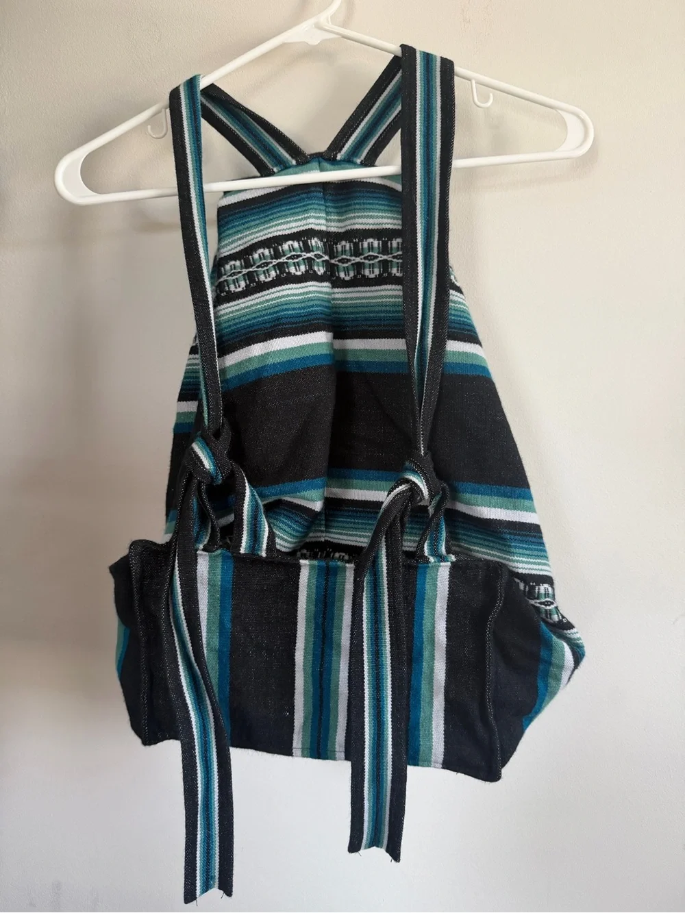 100% wool from Peru Handwoven Teal and Black Striped Women's Drawstring Backpack